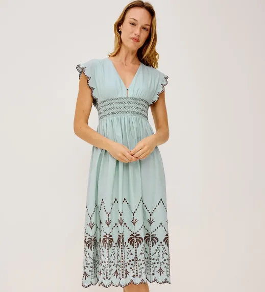 Roxanne Ocean Palms Embroidery Dress